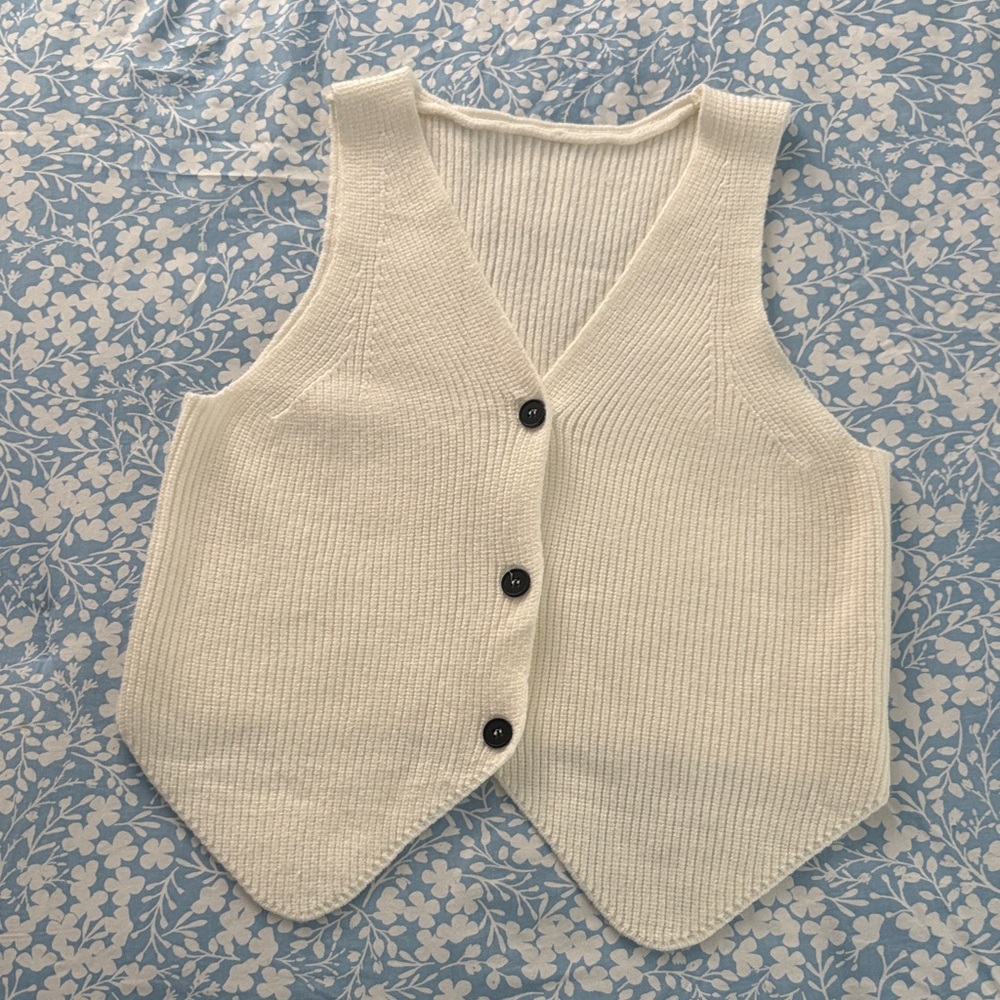 White Knit Button-Up Vest